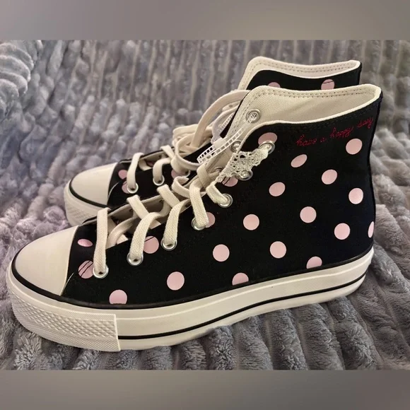 Black & Pink Polka Dot Lift Converse All-Star High Top Sneakers A10688C - Picture 1 of 13